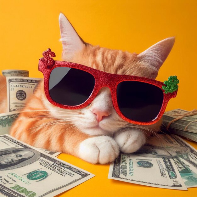 Cool rich successful hipster Christmas cat with funny sunglasses and cash money Yellow background