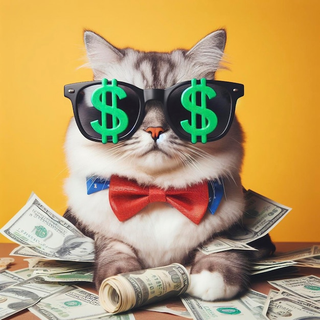 Cool rich successful hipster Christmas cat with funny sunglasses and cash money Yellow background