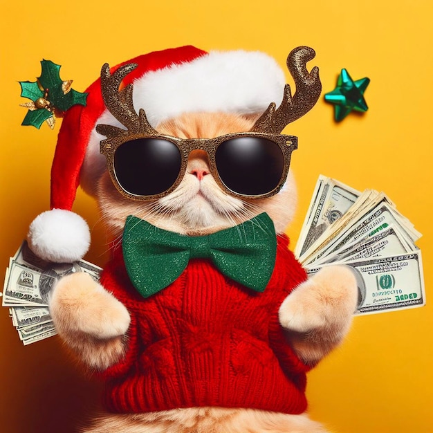 Foto cool hipster ricco di successo gatto di natale con occhiali da sole divertenti e soldi in contanti sfondo giallo