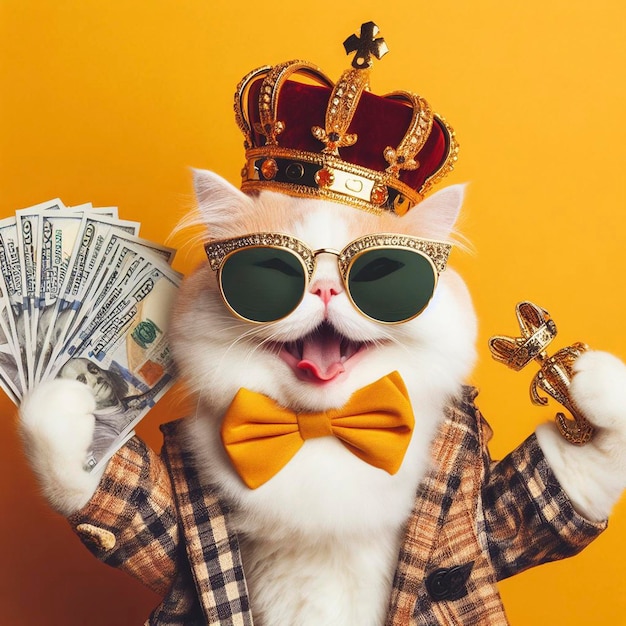 Cool rich successful hipster Christmas cat with funny sunglasses and cash money Yellow background