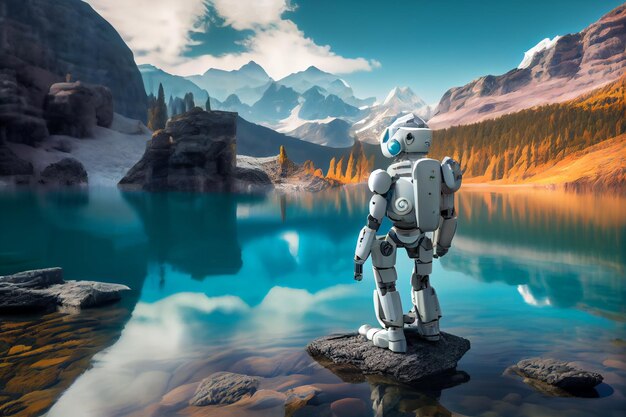 Cool robot walks in nature near the lake AI generated