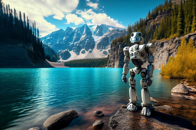 Cool robot walks in nature near the lake AI generated