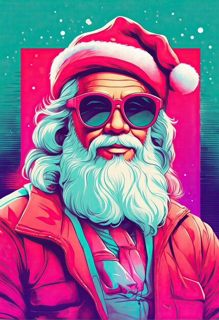 Cool Santa Claus in sunglasses Retro illustration Neon colors Vaporwave style Portrait art