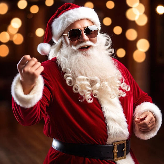 Крутой Санта-Клаус в солнцезащитных очках и празднует Рождество крутыми танцевальными движениями