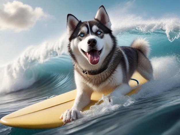 Foto un freddo cane husky siberiano su una tavola da surf che fa surf nelle onde