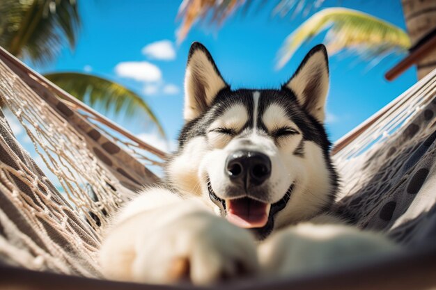 Cool siberian husky lying in hammock on the beach