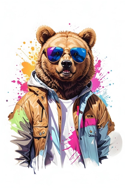 Крутой медведь с лозунгом в куртке и джинсовой футболке