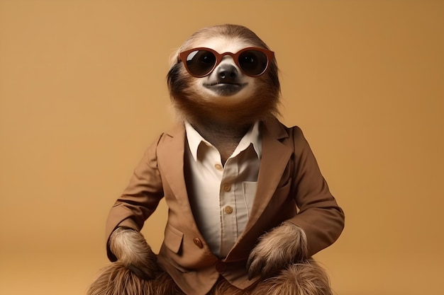 Photo cool sloth in a business suit and shirt with glasses cool sloth in a business suit and shirt with glasses on a beige background generative ai