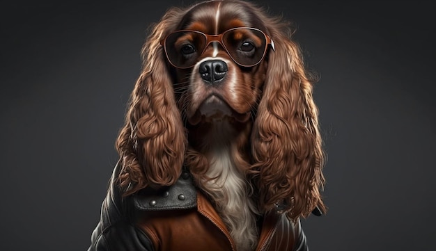 Cool Spaniel in a Leather Jacket and Sunglasses with Space for Copy Generative AI