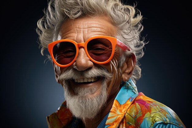 Крутой и стильный пожилой мужчина в модной одежде и оранжевых очках Портрет счастливого дедушки
