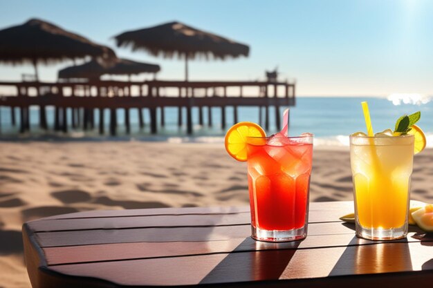 涼しい夏の飲み物と ぼやけたビーチの海と パームの木を背景に