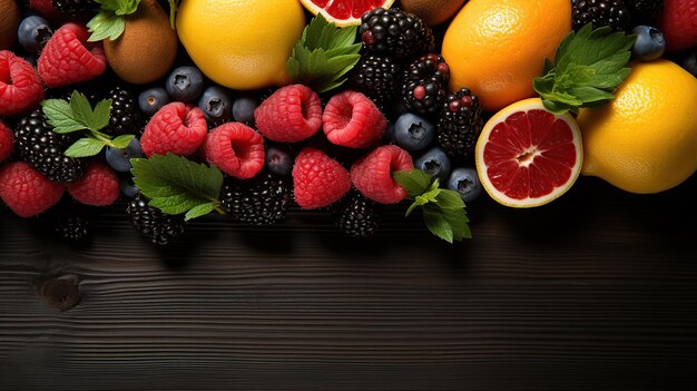 Cool summer fruits on a wood banner background Copy space Created with Generative AI