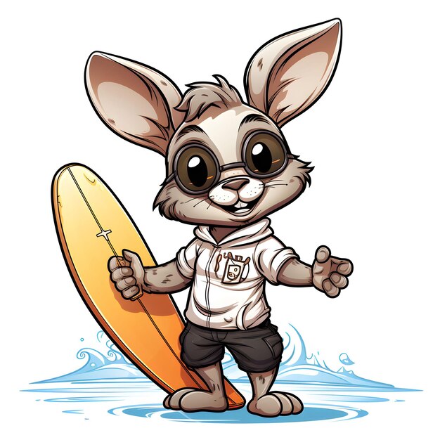 Прохладное животное серфера Кролик на доске для серфинга Активный спортивный пляж Летняя атмосфера Кролик или зайчик на серфинге