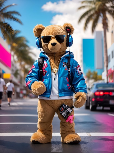 A cool teddy bear with headphones zipping through the vibrant streets of ocean drive avenue