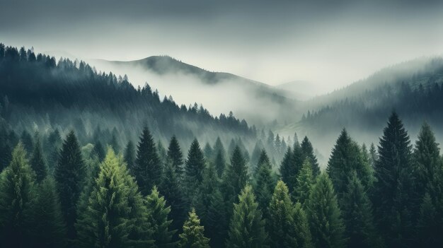 Cool toned misty valley overgrown with pine trees