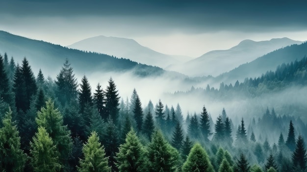 Cool toned misty valley overgrown with pine trees