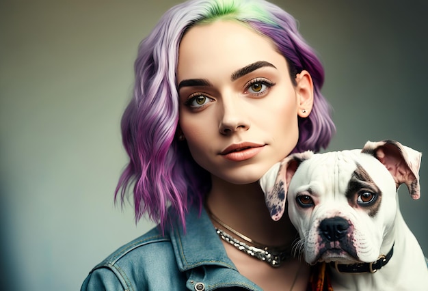 Cool trendy young influencer woman with a pet dog Generative ai