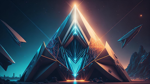 cool triangular shaped illustration with futuristic scifi techno lightsbackground