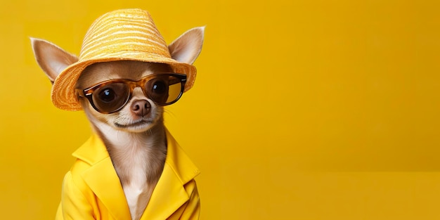 Cool uitziende Chihuahua-hond die een funky mode-jurk draagt, ruimte voor tekst aan de rechterkant Generatieve AI