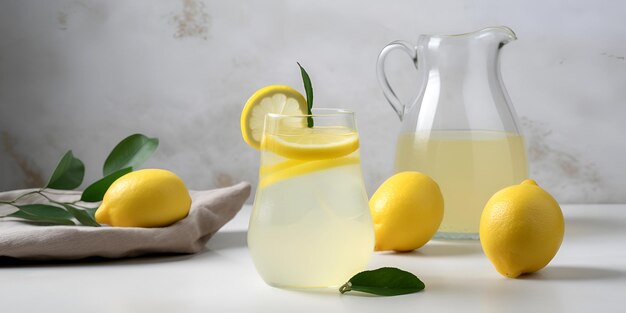 Cool vers gemaakte limonade en citroenvruchten op witte achtergrond AI gegenereerd