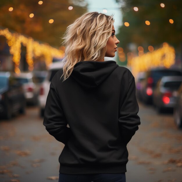 Cool Vibes on the American Streets Een back black hoodie mockup die de essentie van de herfst vastlegt