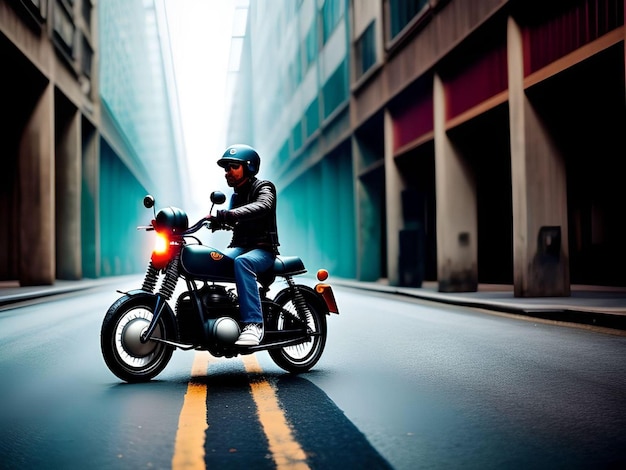 Cool Vintage Motorcycle Rider in The Middle of The Street between Abandoned Buildings