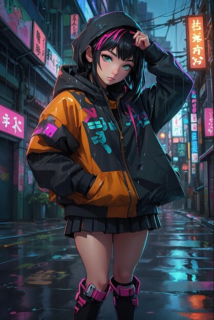 A cool woman wearing a colorful raincoat on a rainy street at night