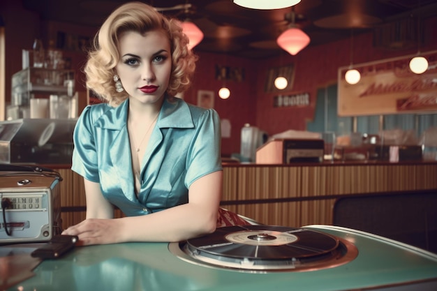 Cool Woman with a Record Player at a 1950s Diner Counter