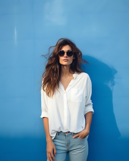 Cool young beautiful hipster woman posing against blue wall