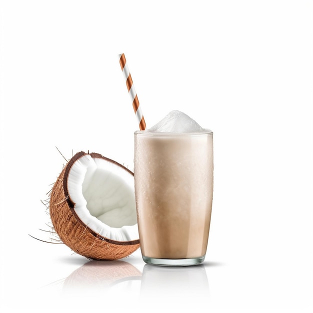 Photo cool young coconut with coconut juice isolated into the white background coconut juice isolated