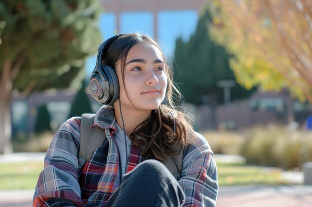 Крутая молодая латиноамериканская студентка с наушниками, расслабленная с рюкзаком в университете, сосредоточенная на стиле жизни в кампусе на открытом воздухе.