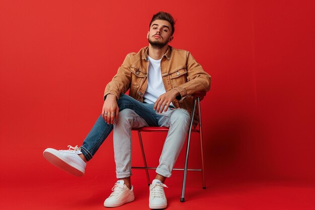 Photo a cool young man sitting on chair isolated on red backgroun