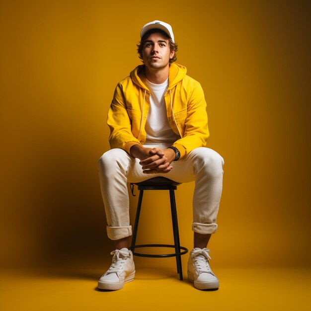 A cool young man sitting on chair isolated on yellow background