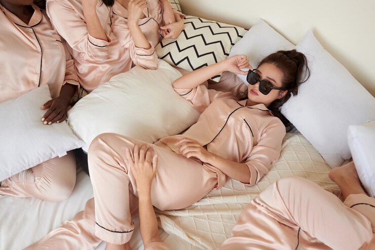 Photo cool young woman lying on bed