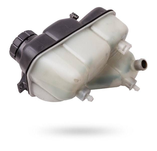 Coolant expansion tank white on an isolated background with black details A unit of a liquid cooling system for internal combustion engines a capacity of a special design