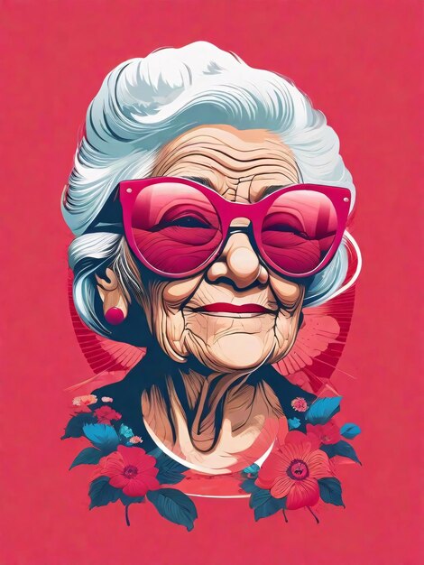 Photo coold old woman in pink vector illustration for tshirt design