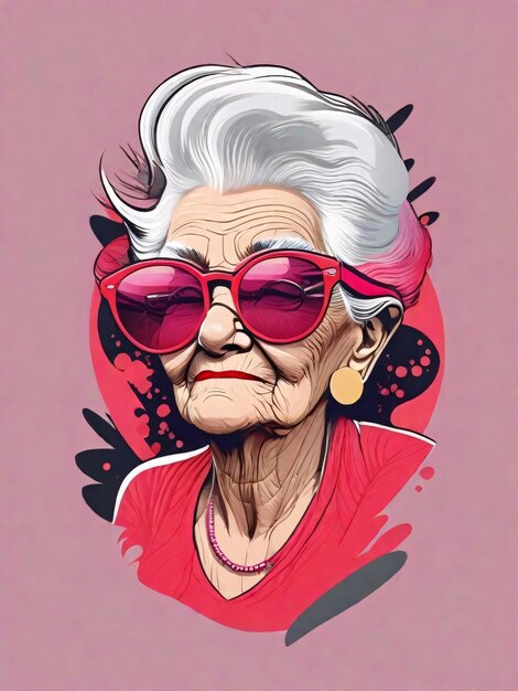 Photo coold old woman in pink vector illustration for tshirt design