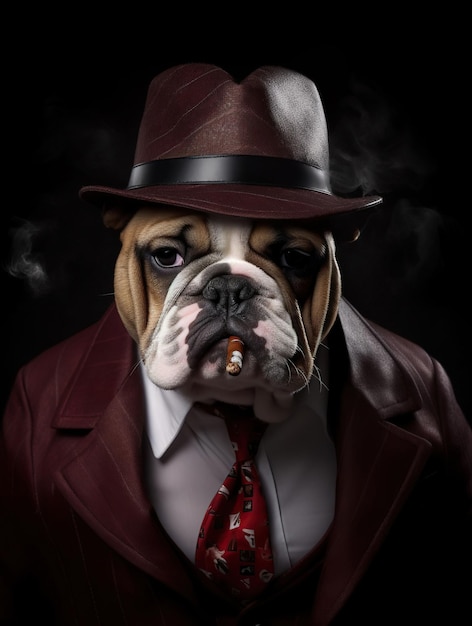 coole gangster geklede bulldog op zwarte achtergrond portretfotografie