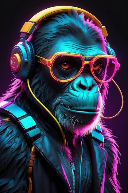 Coole gorilla met neonglow luistert naar audio radio podcast met koptelefoon 3D illustratie