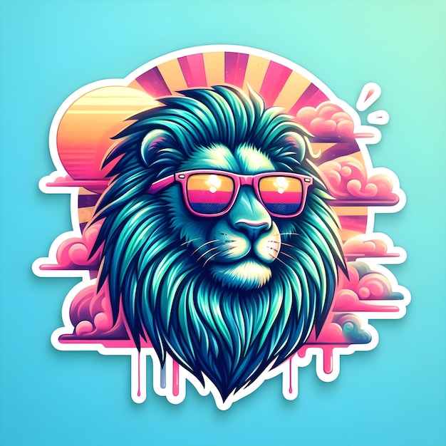 Coole hologram sticker leeuw met zonnebril zonsopgang retro stijl