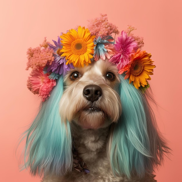 Coole hond met kleurrijke pruik en bloemen op een gekleurde achtergrond Generatieve AI