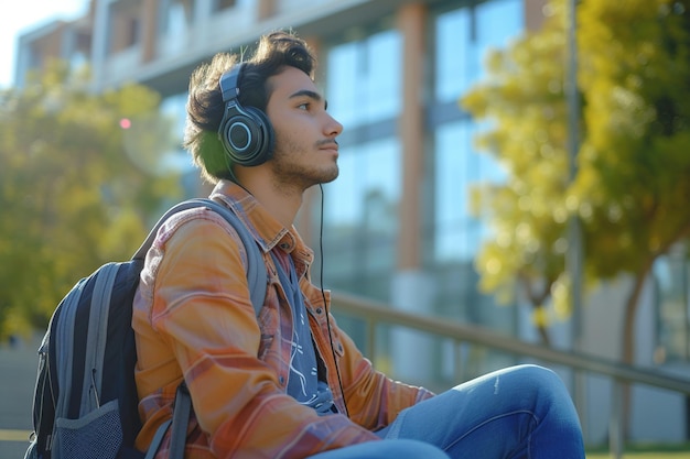 Coole jonge mannelijke student met koptelefoon ontspannen met rugzak op de universiteit geconcentreerd op de campus levensstijl buiten