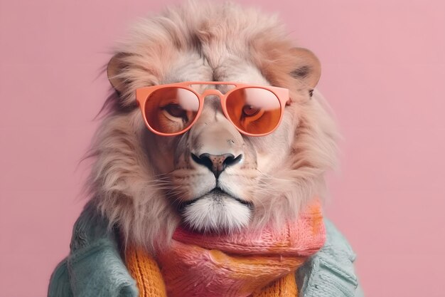 Coole leeuw in buitenkleding trui en oranje bril Minimaal concept van modestijl