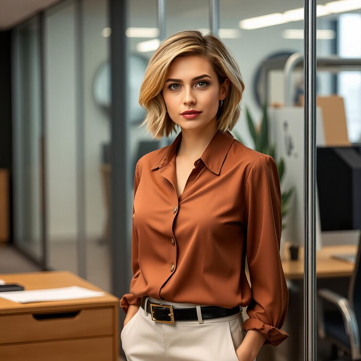 Coole vrouw met kort golvend haar met een stijlvolle blouse en rok die in een hedendaags kantoor staat