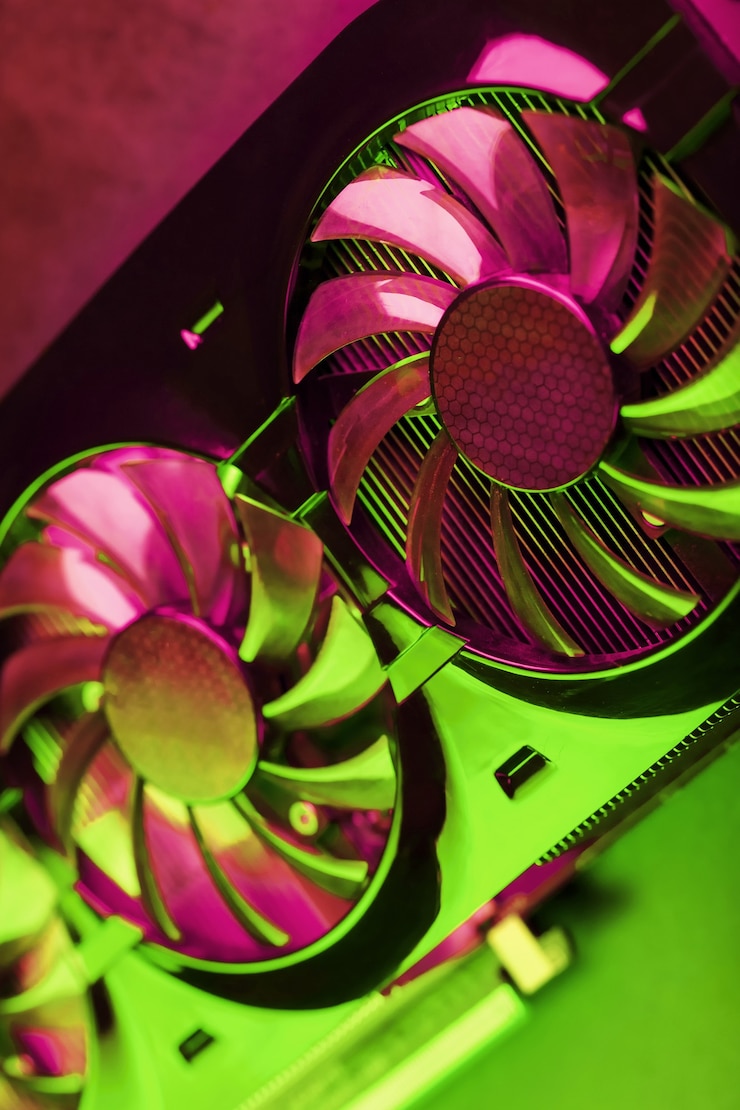 Photo coolers of the gaming video card in red and green neon light