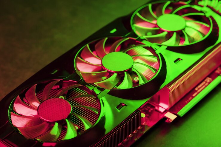 Photo coolers of the gaming video card in red and green neon light
