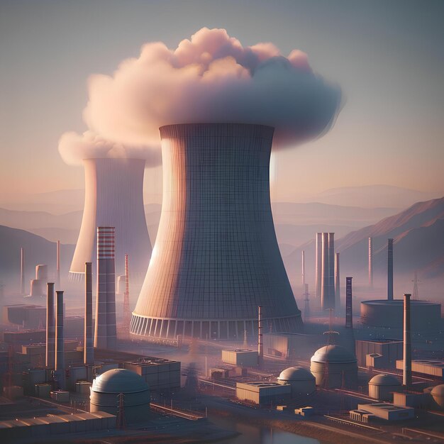 사진 새벽 에 원자력 발전소 의 냉각 타워