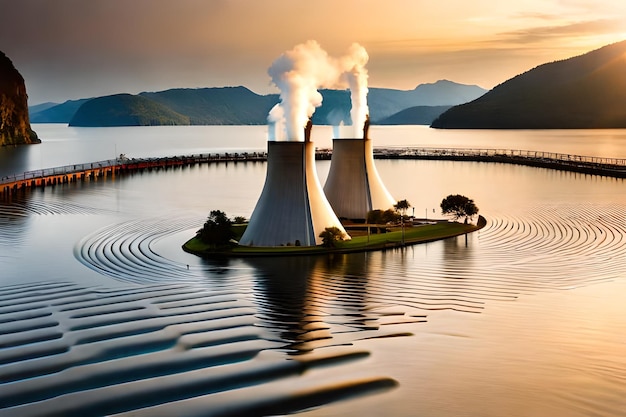 Photo cooling towers on the water with mountains in the background