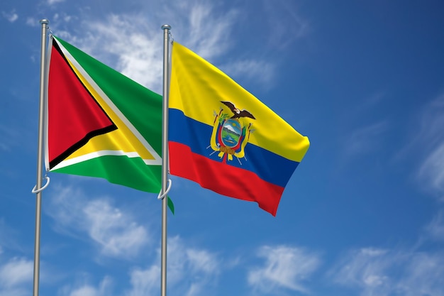Coöperatieve Republiek Guyana en Republiek Ecuador vlaggen over blauwe hemel achtergrond 3D illustratie