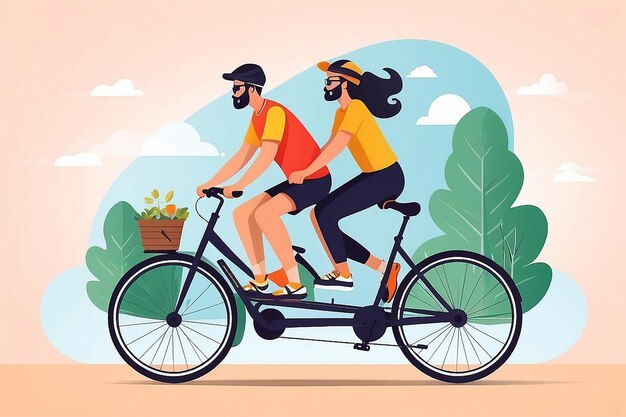 Photo coordinated journey team on a tandem bicycle emphasizing balance and coordination flat style vector illustration